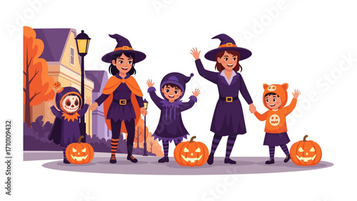 Halloween Family Gathering: A family of witches and children poses on the street with carved pumpkins, in front of a street lamp post and trees, during a colorful autumn day.