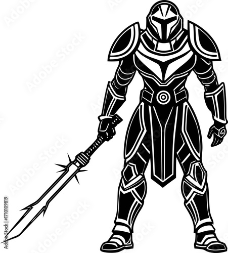 Vector art of silhouette of a powerful armored warrior with a sword, ready for battle and defending the realm