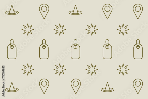A seamless pattern with location pins price tags and star shapes in a repeating arrangement on beige