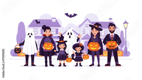 Spooky Street Celebration: A festive Halloween scene unfolds with costumed figures, illuminated pumpkins, and a sense of eerie delight in the air, perfect for capturing the essence of the season.