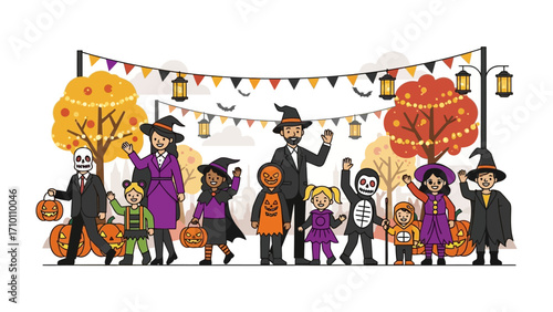 Happy Halloween gathering: Festive illustration, full of colorful costumes, capturing the Halloween essence.