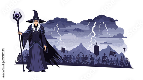 Mystical Sorceress in Command: A commanding sorceress, radiating an aura of arcane power, stands before a turbulent sky and a marching army, her staff a beacon of magic.