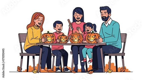 Family's Festive Halloween Preparation: A happy family gathered around a table, carving pumpkins. This vector graphic captures the essence of Halloween, symbolizing seasonal fun and togetherness.