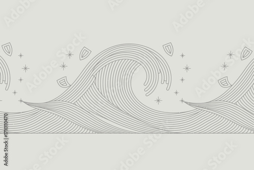 Stylized waves with thin lines and small boat shapes and stars on a light background illustration