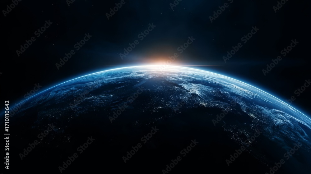 Obraz premium Earth viewed from space with sunrise illuminating the horizon