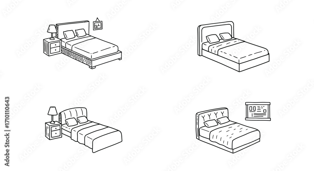 custom made wallpaper toronto digitalLine art illustration depicting various bed and bedroom furniture arrangements