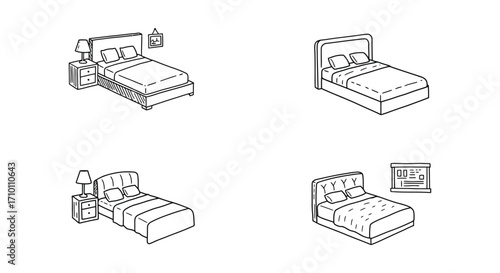 Line art illustration depicting various bed and bedroom furniture arrangements