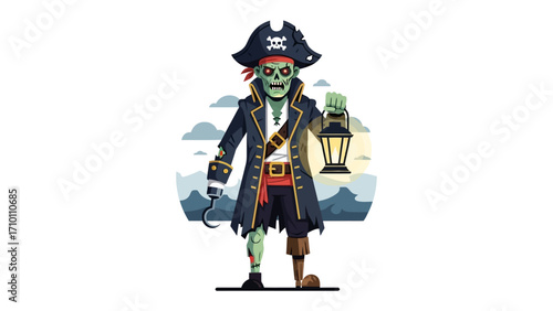 Sinister Seafarer's Legacy: A chilling pirate figure, brought back to life with menacing green flesh and a glowing lantern in hand, walks the earth after a battle.
