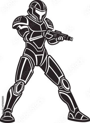 Illustration of a futuristic soldier in armor holding a handgun vector art