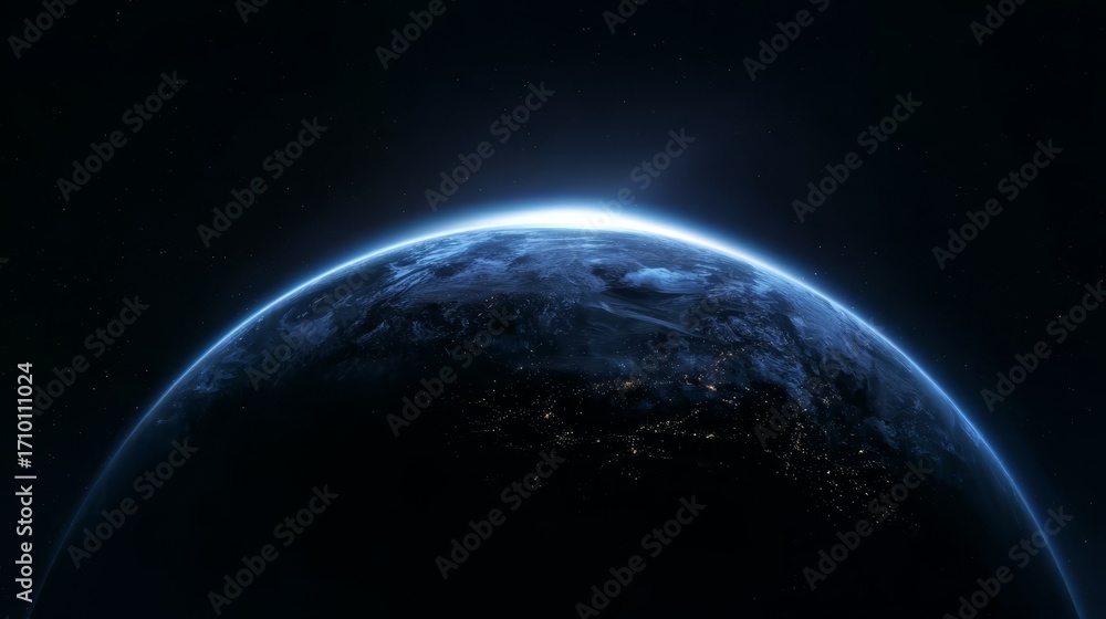 Fototapeta premium Earth viewed from space at night, showing illuminated city lights and atmospheric glow