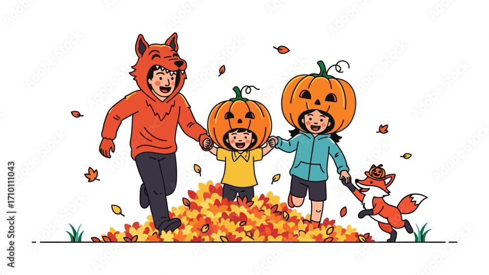 Φωτογραφία Autumnal Frolic: Charming illustration of family dressed up, reveling in the joy of autumn against a backdrop of fallen leaves
