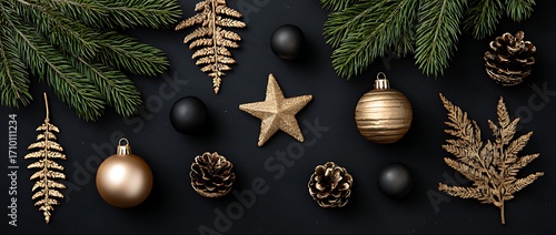 Golden christmas ornaments pine branches and pinecones on black background