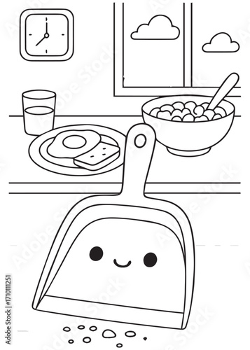 coloring book kawaii dustpan cleaning crumbs near breakfast table line art for kids activity