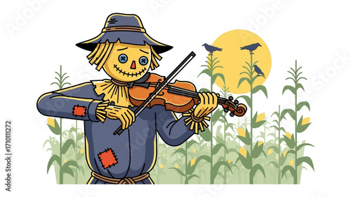 Melody of the Field: A charming scarecrow serenades a field, a vibrant depiction of rural life, accompanied by a simple sun and birds.
