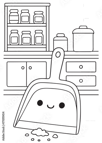 coloring book cute dustpan cleaning crumbs near jars and shelves line art simple coloring page