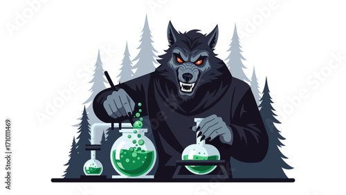 Mystical Alchemist in the Woods: A mysterious werewolf alchemist, enveloped in shadow, delves into the mystical arts within a forest setting, conjuring potions and mysteries. 