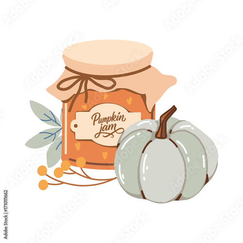 A cozy autumn composition with pumpkin, pumpkin jam, leaves, and berries. Adorable kawaii homemade illustration. Flat vector clip art for seasonal greeting cards, prints, stickers, and packaging.
