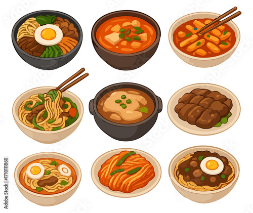 Korean Traditional Food Illustration Set, Isolated Background. Colorful Food Design with Bibimbap, Tteokbokki, Kimchi and Soup