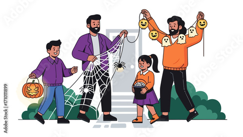 Family's Halloween: A family decorates for Halloween with a carved pumpkin and costume, capturing the joy of a spooky celebration.