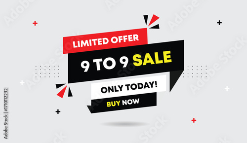 9 to 9 sale today only limited offer buy now editable vector art template design illustration black white red shapes with light gray background promotional modern creative graphic style