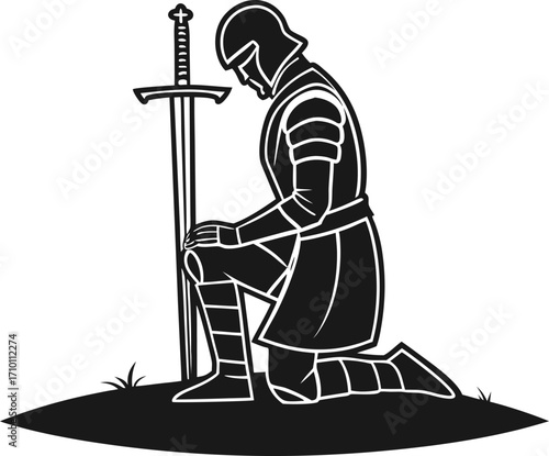 Vector art of a knight in shining armor kneeling in prayer with his sword stuck in the ground