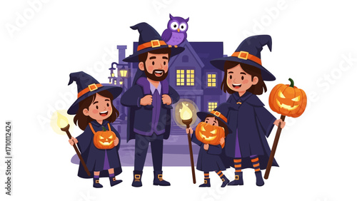 A Family's Halloween Adventure: A family dressed in enchanting Halloween costumes ready for trick-or-treating in front of a spooky house. A celebration of spooky Halloween spirit.