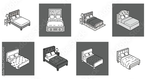 An assortment of bedroom furniture including different styles of beds
