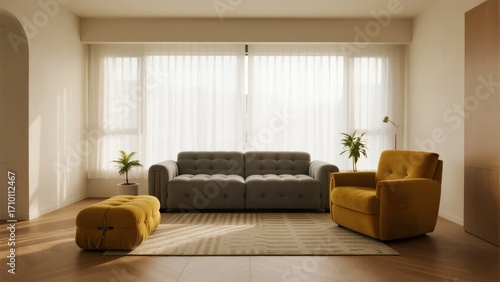 Modern living room with gray sofa, yellow armchair, and large windows covered by sheer curtains