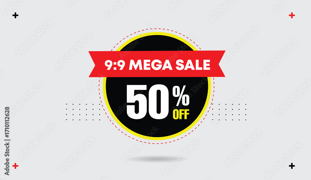 Obraz premium 9 to 9 mega sale editable web banner icon template design yellow black red shapes white gray abstract background fifty percent off modern editable template banner design sale discount promotion web gr