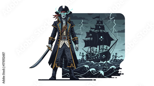 Dark Pirate and Ship: A spectral pirate stands defiantly, sword in hand, with a ghostly galleon sailing through stormy seas, evoking a tale of adventure and the supernatural.