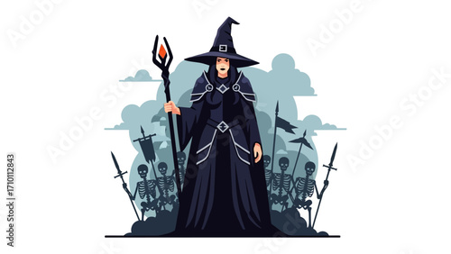 Mystical Sorceress: A powerful sorceress in a long, flowing gown, crowned with a tall hat and wielding a staff of ethereal energy.