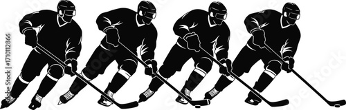 Black and white silhouette of ice hockey players skating, holding hockey sticks, wearing protective gear, action sport scene, teamwork, fast movement