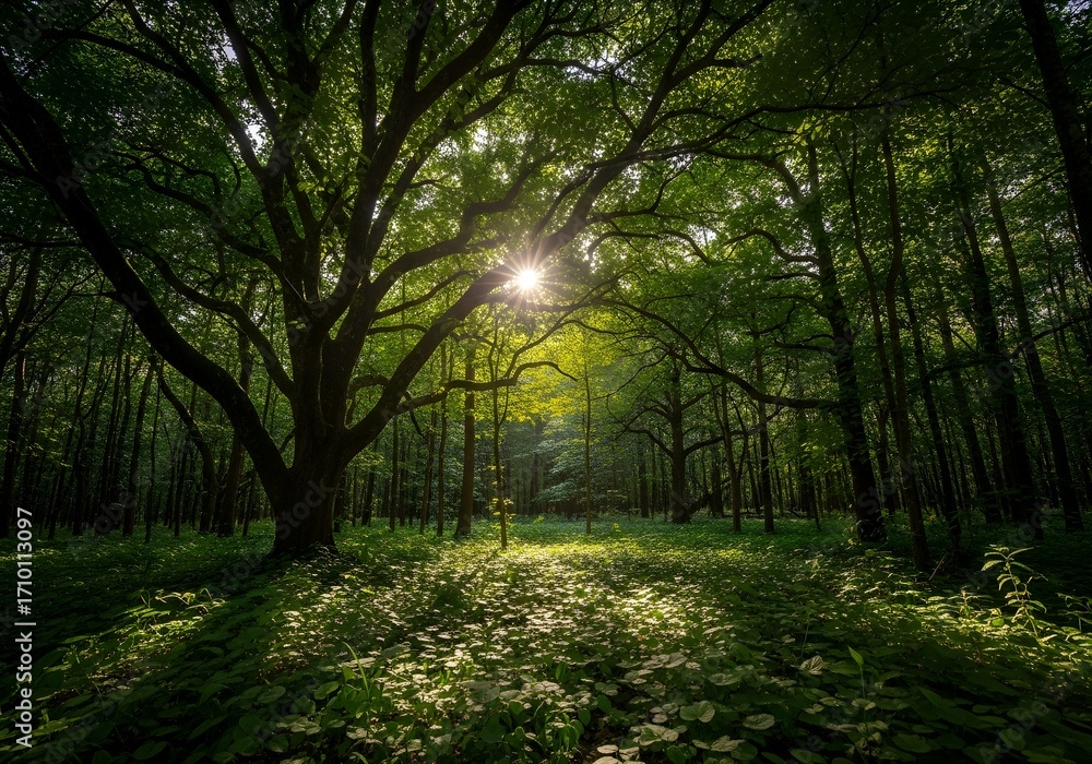 Obraz premium Majestic Ancient Tree with Sunburst in a Lush Summer Woodland