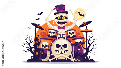Spooky Band Performance: An imaginative illustration depicts a lively mummy enthusiastically playing drums, surrounded by Halloween elements to celebrate the holiday spirit.