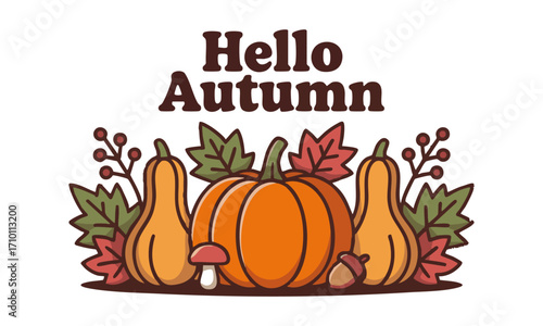 Hello Autumn Pumpkin and Leaves Flat Vector Illustration, Autumn Leaves and Pumpkins Flat Vector Set, easily editable and scalable.