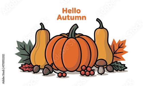 Hello Autumn Pumpkin and Leaves Flat Vector Illustration, Autumn Leaves and Pumpkins Flat Vector Set, easily editable and scalable.