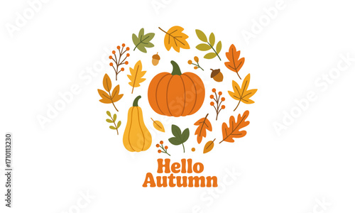 Hello Autumn Pumpkin and Leaves Flat Vector Illustration, Autumn Leaves and Pumpkins Flat Vector Set, easily editable and scalable.