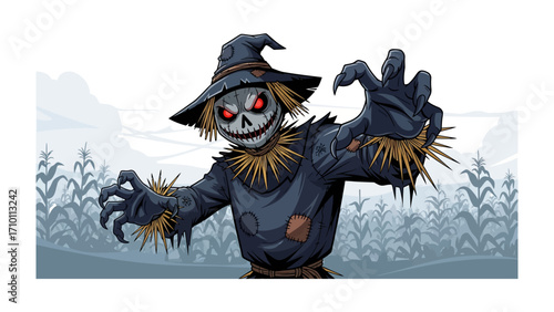 Evil Scarecrow Lurking: A menacing scarecrow with a stitched grin, glowing red eyes, and a tattered hat emerges from a cornfield, invoking a sense of dread and the eerie atmosphere of Halloween.