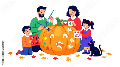 Family Pumpkin Carving: A joyful family creates a festive Halloween pumpkin, showcasing togetherness and creative expression with bright colors and intricate designs in a celebratory atmosphere.