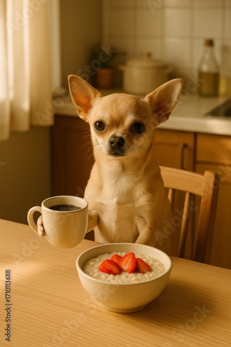 A small Chihuahua sits at a table holding a cup of coffee. A bowl of oatmeal in front of the anthropomorphic dog. Morning routine