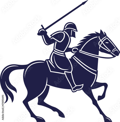 Illustration of a knight riding a horse with a sword for medieval or fantasy themes