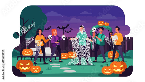 Halloween Party: A lively Halloween gathering is captured in a vibrant illustration. Characters are dressed in spooky attire, set against a nightscape with glowing pumpkins, bats.