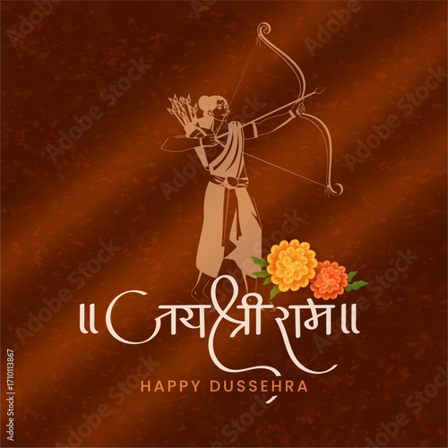 Illustration of Lord Rama with bow and quiver for Dussehra with Hindi Calligraphy Jai Shri Ram