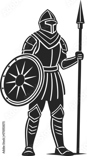 Vector art of a knight in shining armor standing with a shield and spear