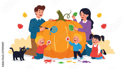 Family Fun: A family, adorned with vibrant clothing, gathers around a large pumpkin to adorn it with colors, celebrating autumn's essence with glee.