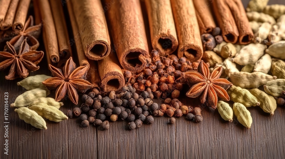 Fototapeta premium Aromatic Spice Still Life A Beautiful Arrangement of Whole Spices on Rustic Wooden Surface
