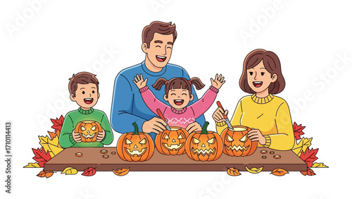 Carving Pumpkins: A family is happily engaged in the festive activity of carving pumpkins, creating joyful jack-o'-lanterns with autumnal leaves.