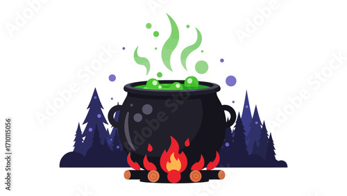 Witches Cauldron Bubbling: A mystical black cauldron, filled with vibrant green liquid that bubbles and steams, stands before a crackling campfire.
