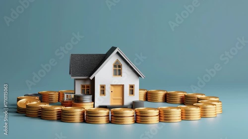 Refinance concept ,House model gold silver coin stack savings finance investment mortgage budget wealth grow hopeful secure