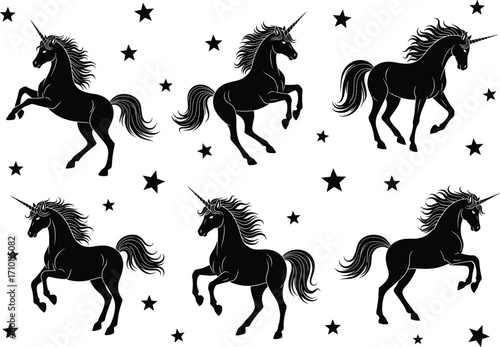 Black unicorn silhouettes in various poses with flowing manes and tails, surrounded by stars, fantasy creatures, magical horse illustrations.